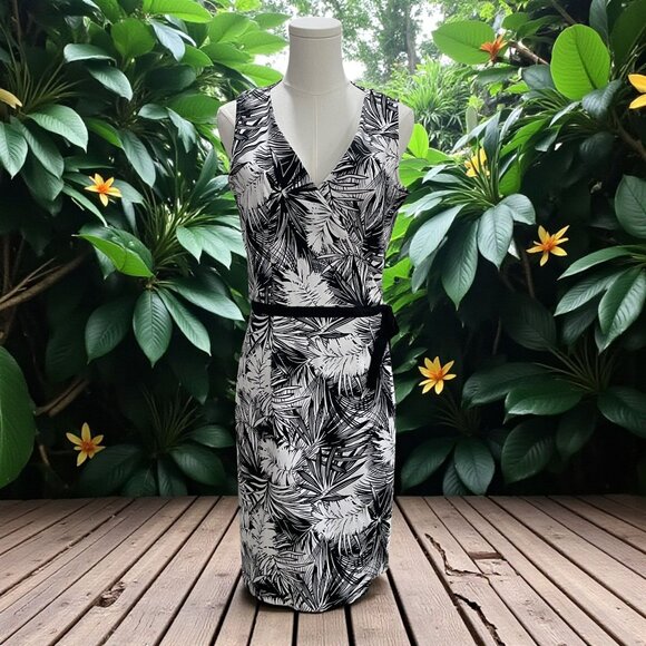 Spenser Jeremy Black White Tropical Print Wrap Dress Size 8 Summer Vacation - Picture 1 of 9